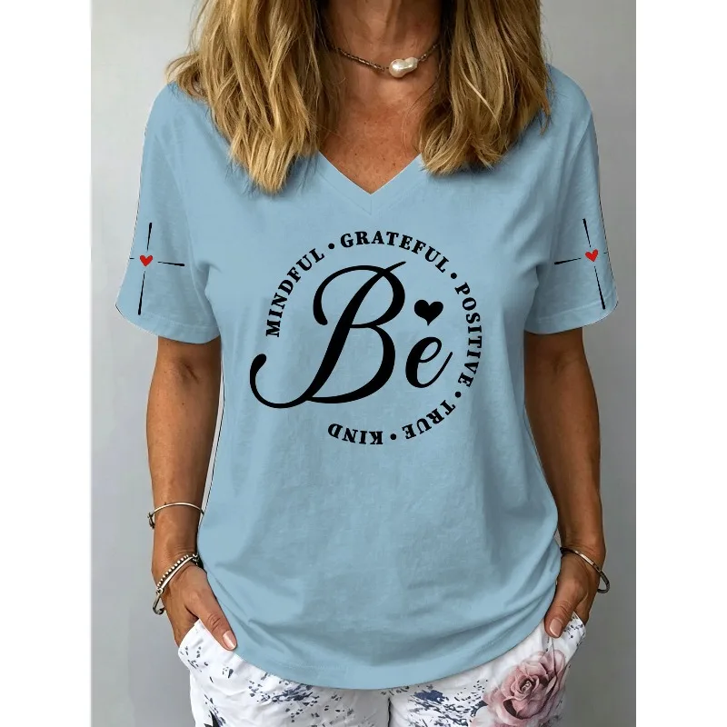 ilstile Women's Be Positive Print T-Shirts Summer Short Sleeve V Neck Tops Casual Loose Tees White New Arrival