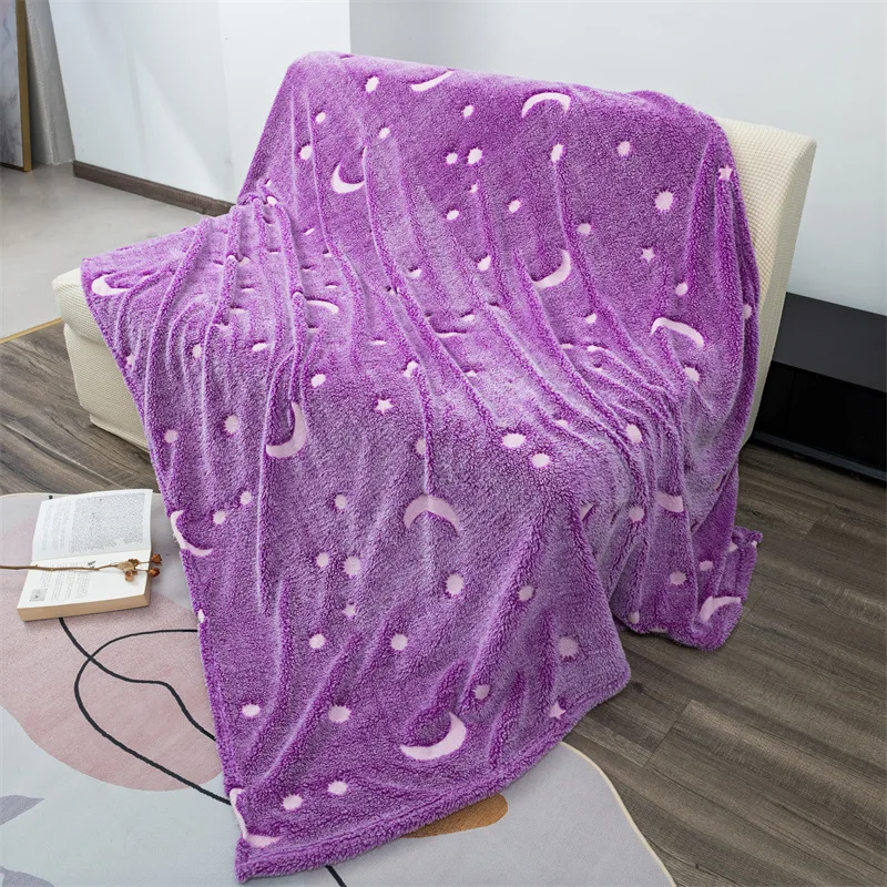 Luminous Fleece Blanket Purple Soft Star Moon Fluorescent Office Rest Blanket Creative Children Coral Fleece Blankets for Beds