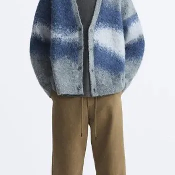 남성용 스트라이프 플러시 브이넥 가디건, 루즈한 캐주얼 기모 니트 스웨터, 트렌디한 심플, 다목적 하라주쿠 하이 스트리트 코트 