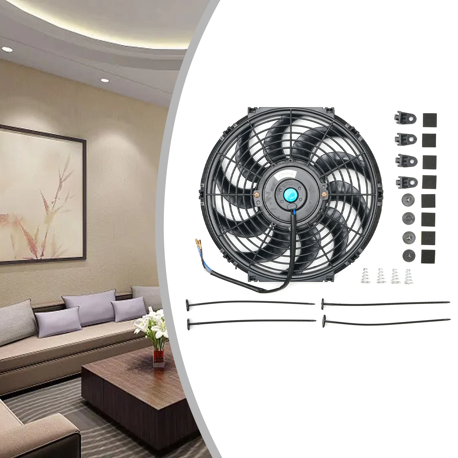 

Curved Blade 12V 80W Electric Radiator Cooling Fan for Refrigeration Equipment with 10 Blades and Mounting Kit