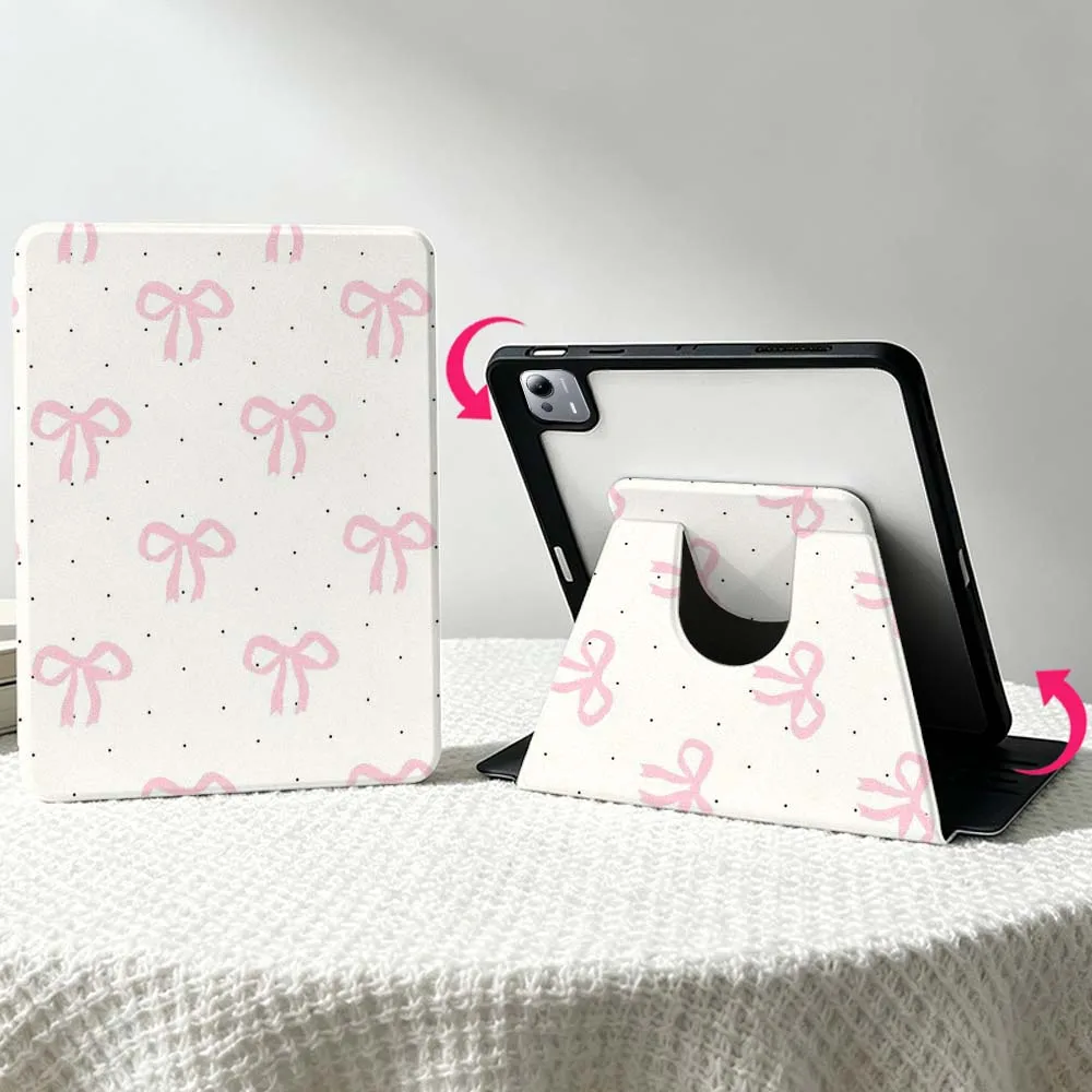 Pink Bow Polka-Dot Pattern For Xiaomi Mi Redmi Poco Pad 8 7 7S 6 6S 5 SE Pro Ultra 360° Rotation Stylus Storage Tablet Case Soft