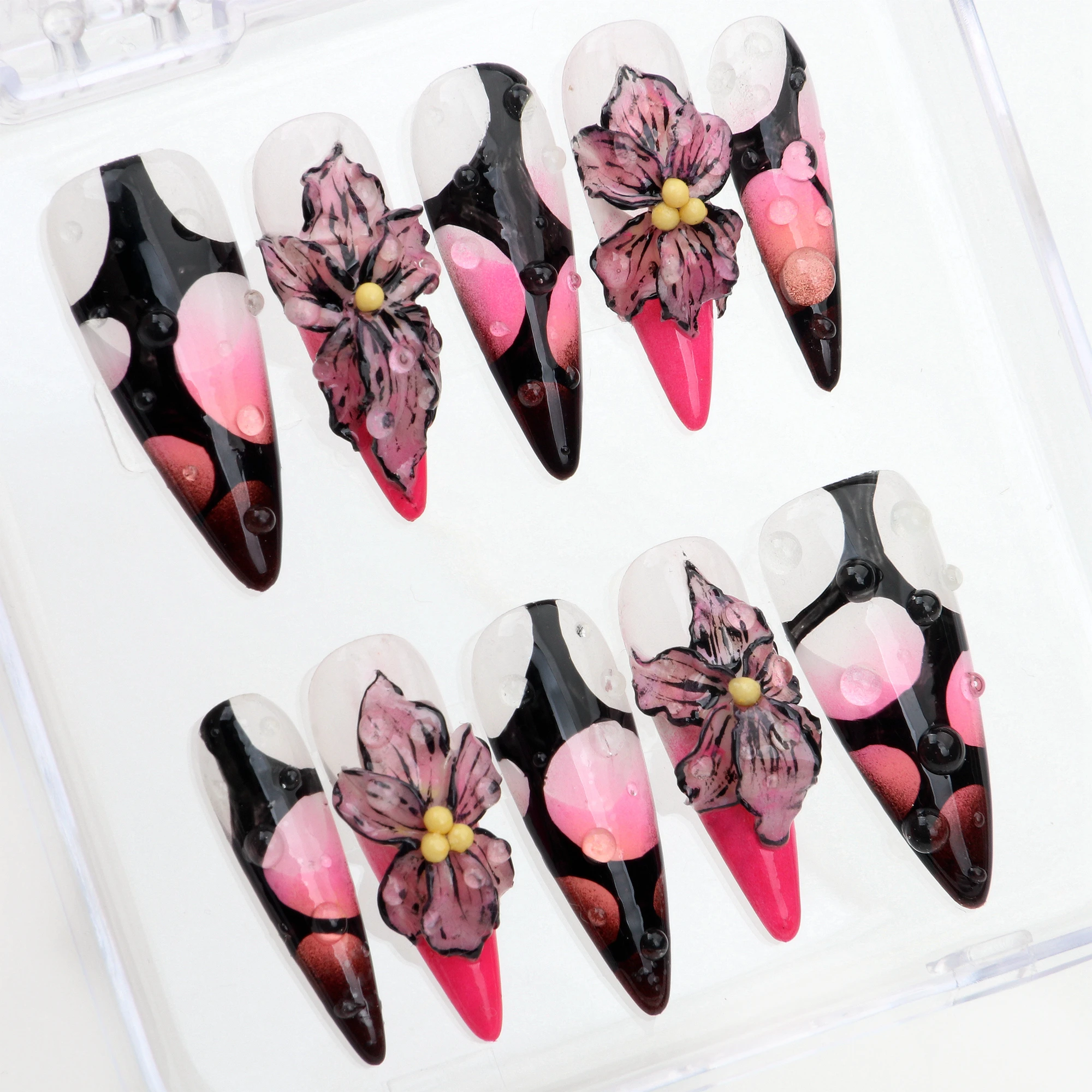 10Pcs Handmade Manicure Long Stiletto Fake Nails Unique 3D  beautiful Flowers Press On Nails Design with Adhesive Nail File Set