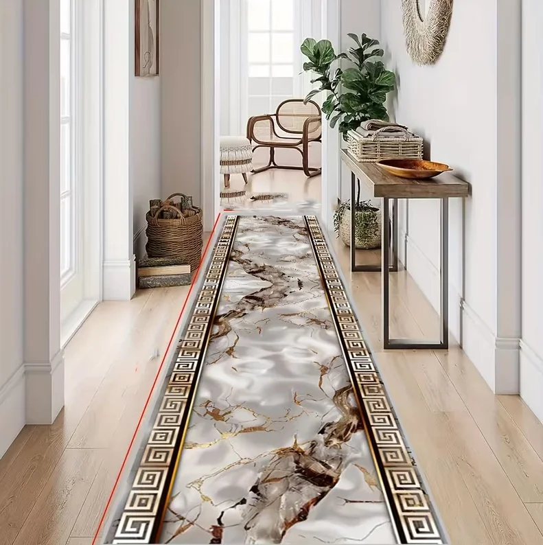 Modern Marble Patterned Corridor Carpet European Luxury Geometric Strip Carpet Hotel Bedroom Supplies Home Decoration Mats