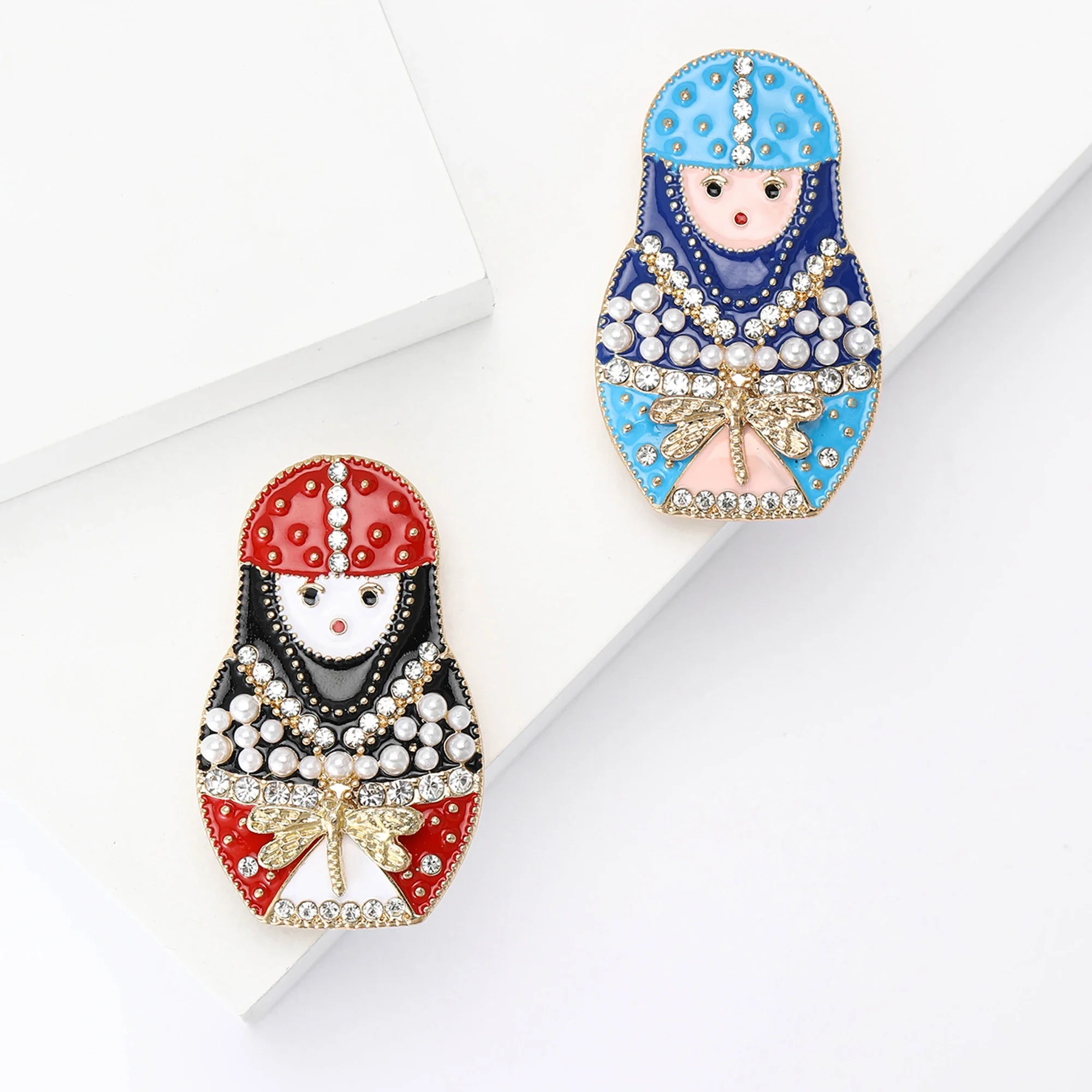 Enamel Russian Matryoshka Brooch for Women Unisex Rhinestone Character Pins Event Party Backpack Decoration Clothes Accessories