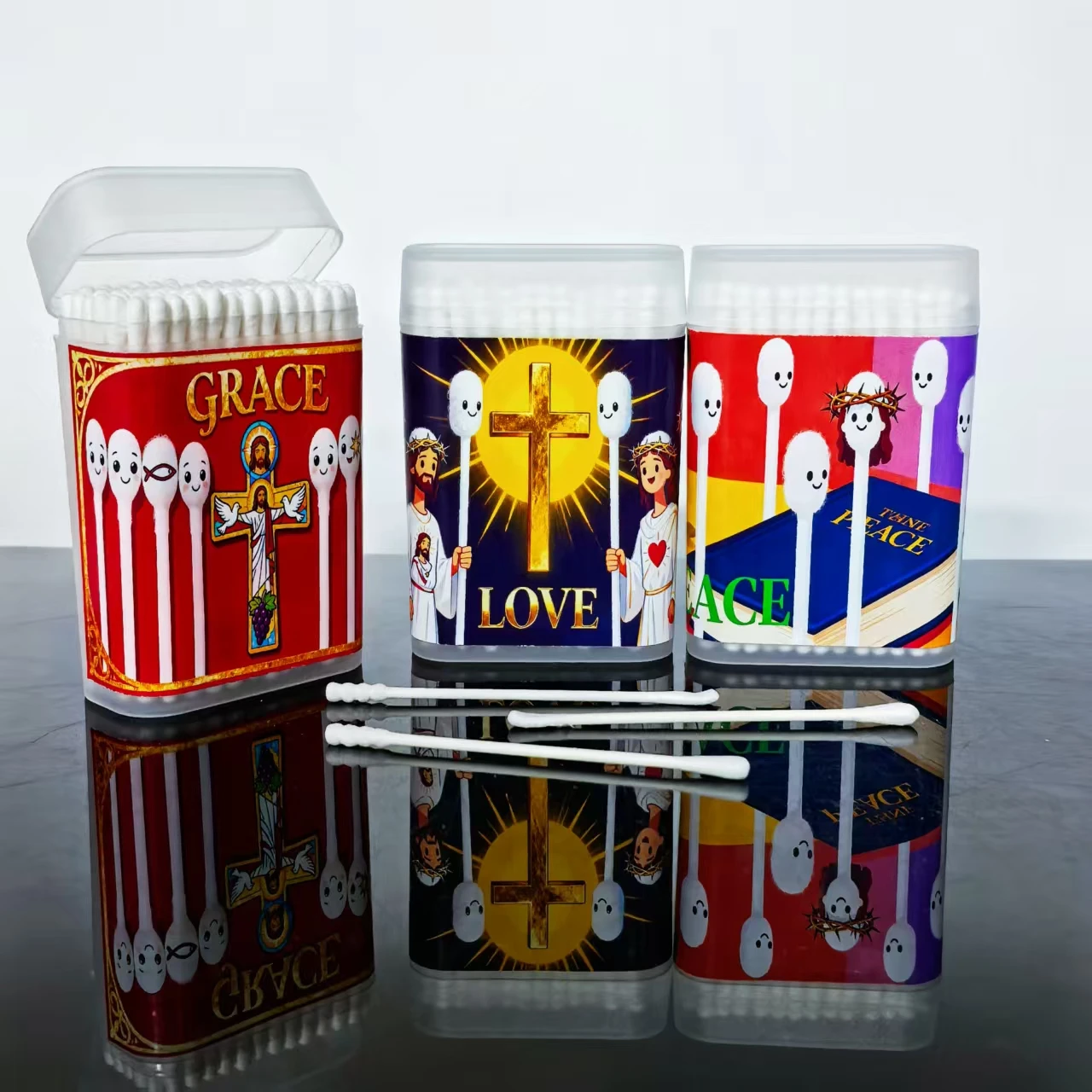 300 قطعة من مسحات القطن الإبداعية I Love Jesus، براعم قطنية برأسين ذات ضوء ديني، مسحات قطنية هدية يسوع الثناء