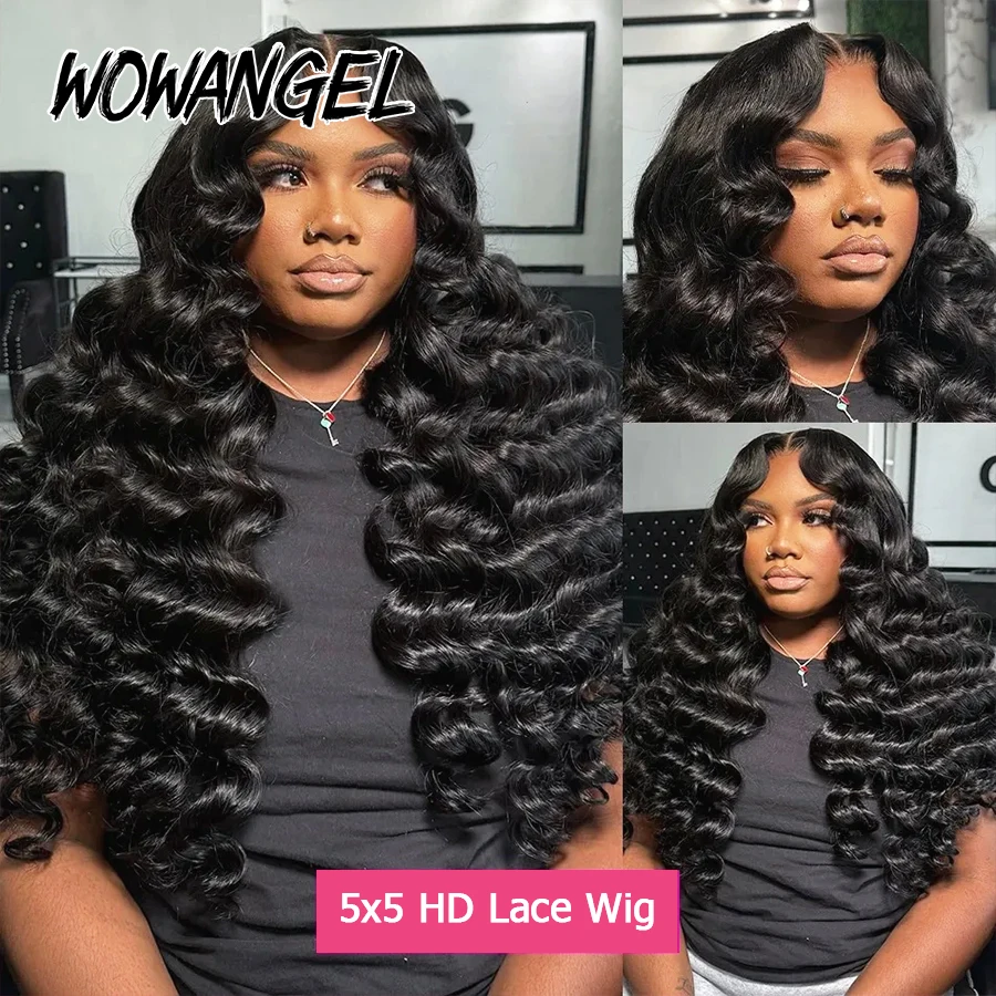 WOWANGEL Loose Wave Glueless Wigs Pre Cut 5x5 HD Lace Closure Wigs 100% Human Hair Pre Plucked Curly Wigs Pre Bleached For Women view 5