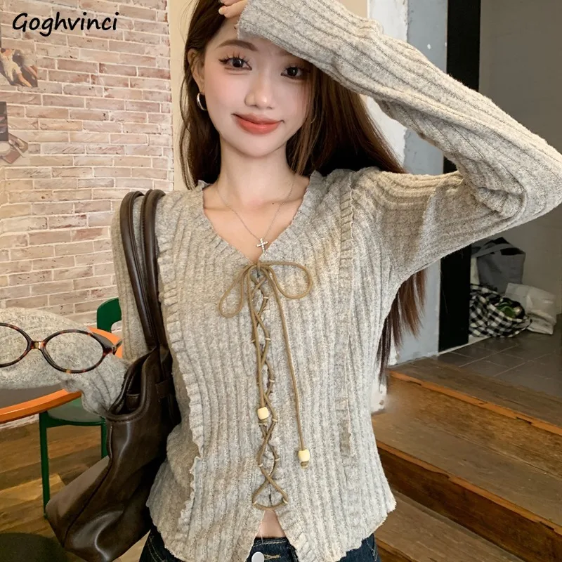 

Long Sleeve T-Shirts Women Bandage Design Trendy V-neck Fungus Casual Popular Ins Korean Fashion Streetwear Daily Autumn Tops