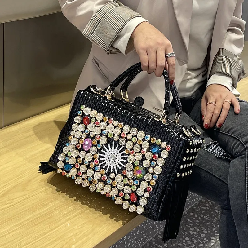 New Luxury Fashion Brand Women\'s Handbag Genuine Leather Tassel Fashion Rhinestone Large Capacity Female Shoulder Crossbody Bags