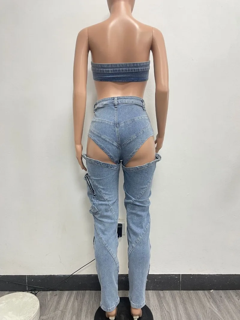 Vrouwen Sexy Stretch Denim Tweedelige Set Enkele Knoop Strapless Onregelmatige Crop Tops + Holle Zakken Cargo Broek Jeans Pakken