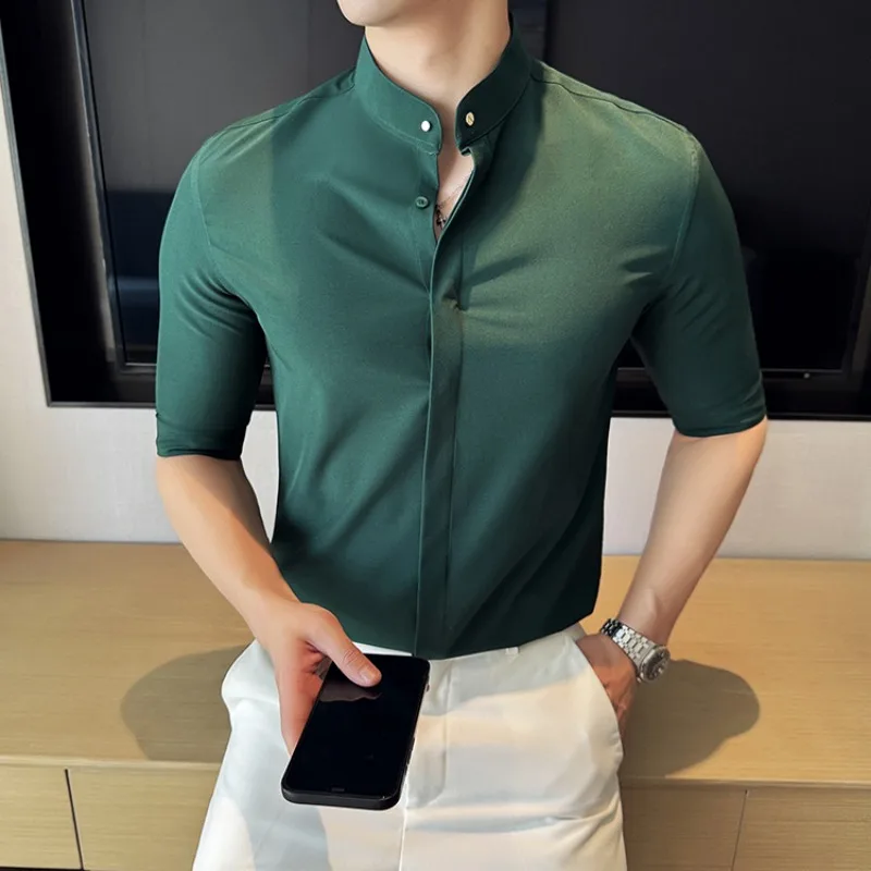 Camisa de media manga con cuello levantado de estilo chino para hombre, camisas delgadas informales, camisas de vestir sociales de negocios, ropa de verano