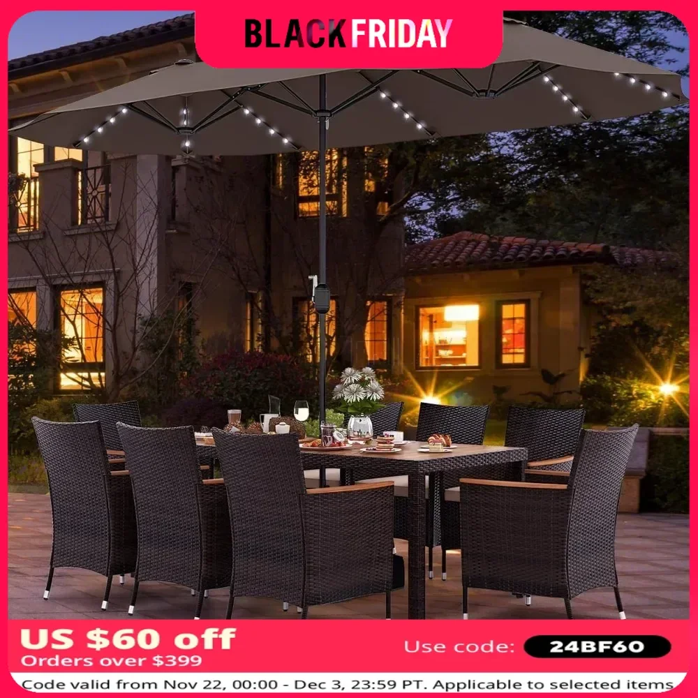 11 Pieces Patio Dining Set with 15ft Double-Sided LED Patio Umbrella and 8 Stackable Chairs, Outdoor Rattan Furniture Set