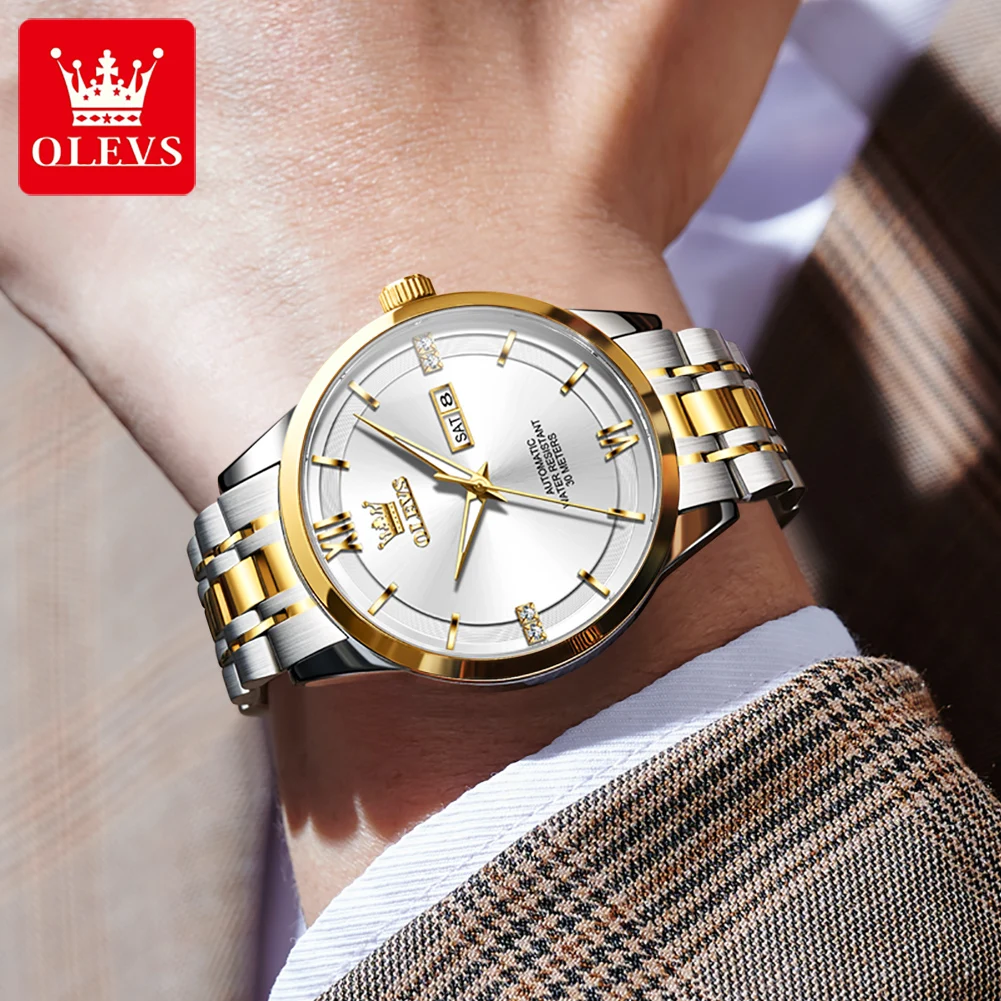 OLEVS 7061 Herrenuhr, Dual-Kalender, mechanische Uhr für Männer, hohe Härte, Spiegel, Edelstahl, wasserdicht, Luxus-Handuhr