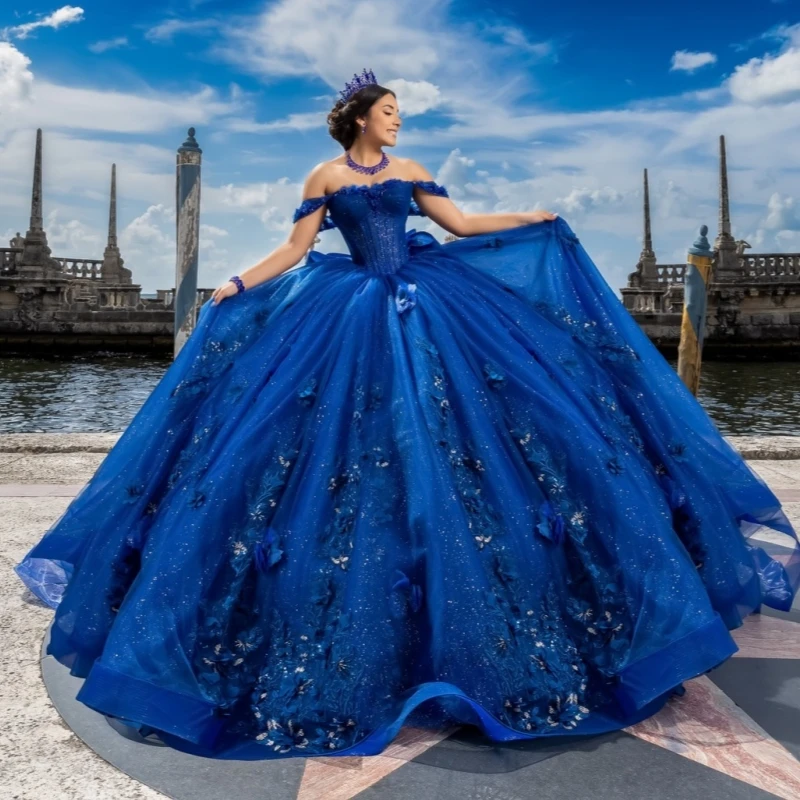 

Royal Blue Shiny Quinceanera Dresses Off The Shoulder Applique Flower Beading Crystal Bow Corset Tull Party Birthday Sweet 16