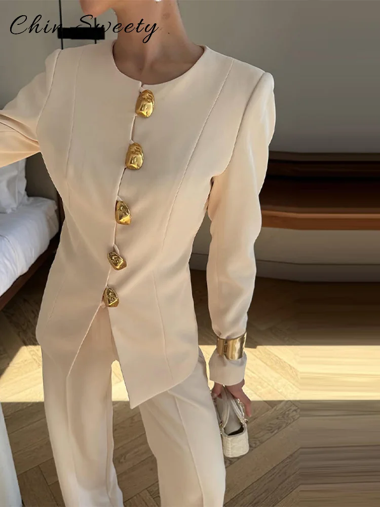 Elegant Women's Solid Pants Sets O-neck Full Sleeve Single Breasted Blazer Straight Wide Leg Pant 2025 Autumn Lady Chic Suit New