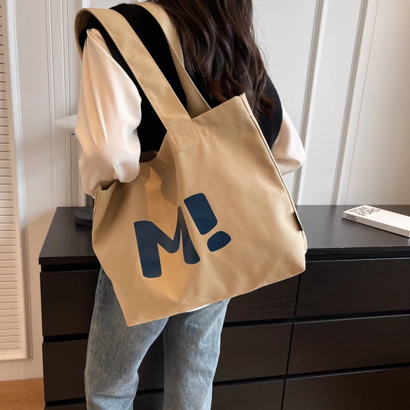 New Simple Large Capacity Canvas Bag Letter Printing Tote Shoulder Bag Casual Solid Color Storage Bag Handbag Trendy All-match
