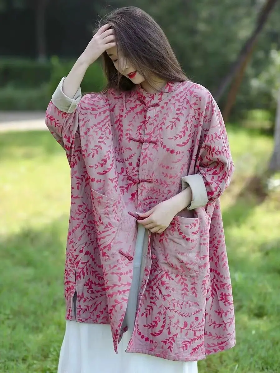 Chinese Retro Cotton and Linen Printed Shirt for Women in Spring Paired with a Loose Cardigan Top with a Button Closure