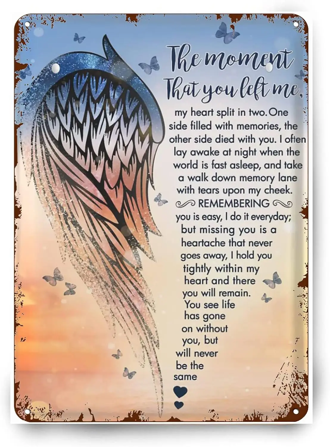 Vintage Funny Novelty Metal Tin Sign Angel Wings The Moment That You Left Me My Heart Split In Two Retro Wall Decor Garden Man C