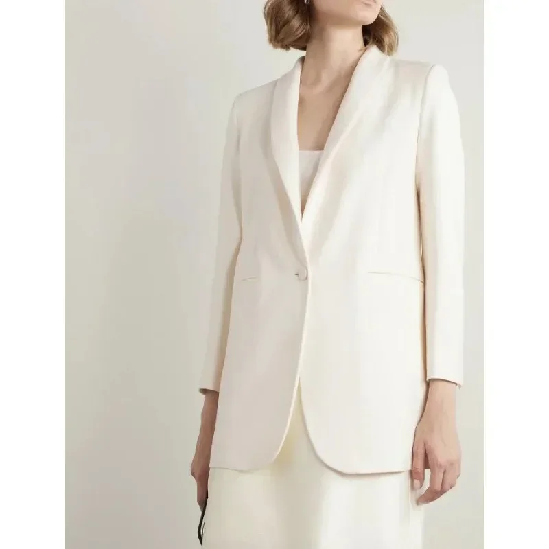 LUXURY-Women\'s Classic Silk Wool Blend Blazer, One Button Top, Basic White, Autumn, Winter, New, 2024