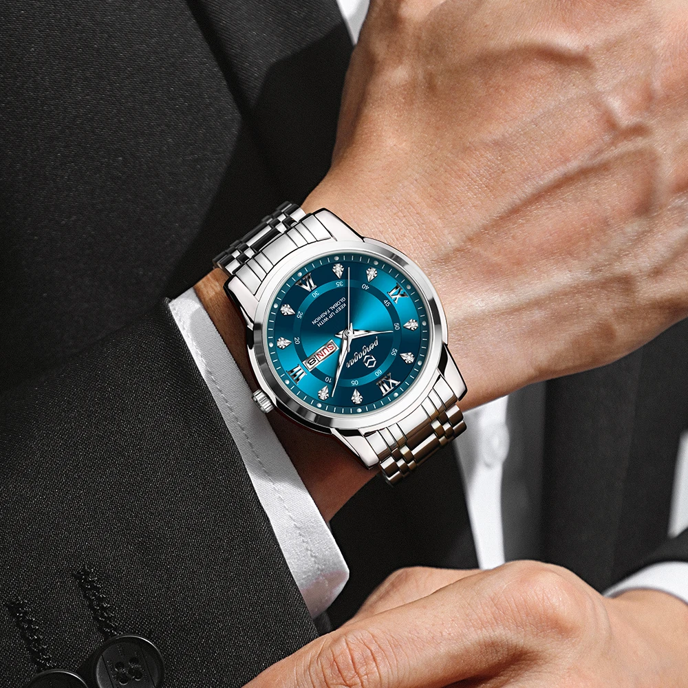 PENGAGAR ساعة فاخرة للرجال أنيقة تاريخ الأسبوع مقاوم للماء ساعة رجالية مضيئة كوارتز الفولاذ المقاوم للصدأ ساعات رياضية للرجال reloj