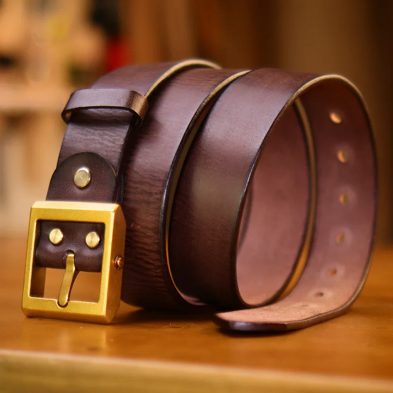 Tough Guy Estilo Quadrado Cabeça Fivela De Cobre Puro Cinto Couro De Gado Casual Pin Buckle Designer De Luxo Couro Genuíno Jeans Cinto