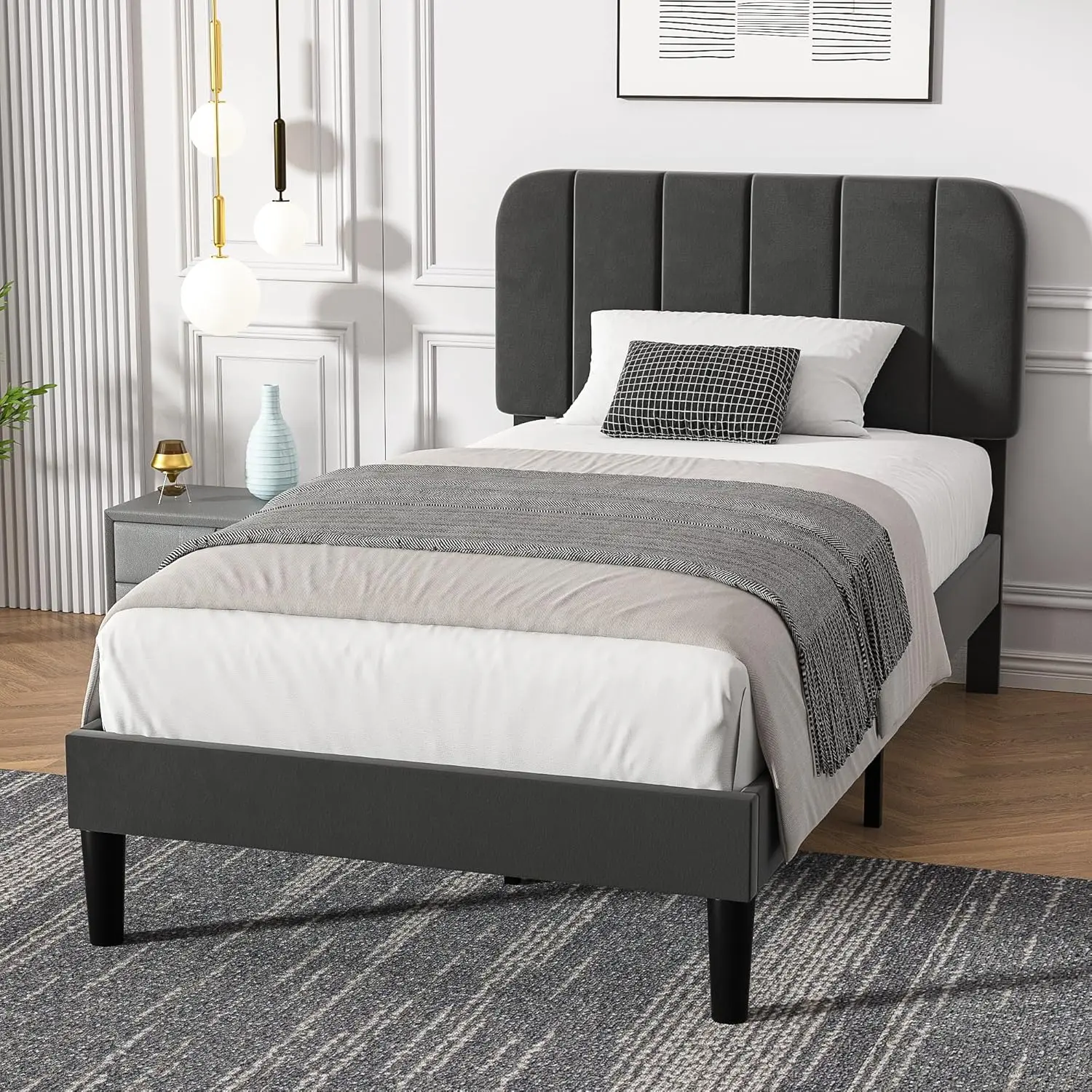 Twin Size Upholstered Bed Frame with Adjustable Headboard, Velvet Platform Bedframe Mattress Foundation, Strong Wood Slat Suppor