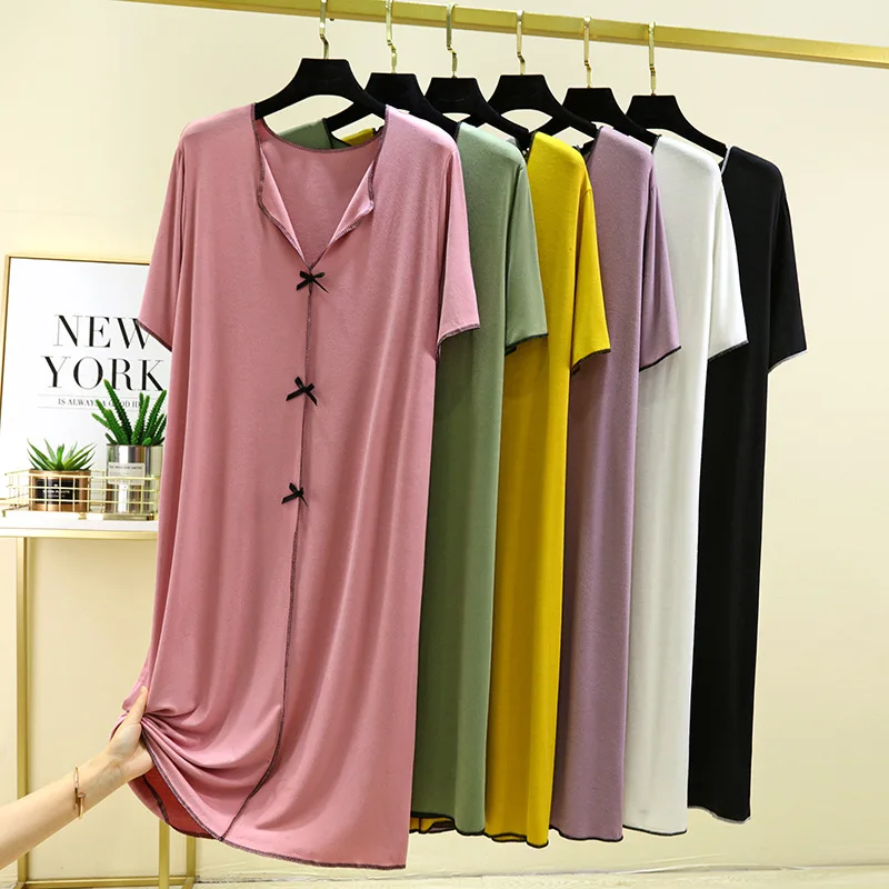 

Summer Nightgown Sleepwear Modal Pajamas Loose Short Sleeve Nightdress V-neck Night Dress Women Nightwear Dress Outside Wear