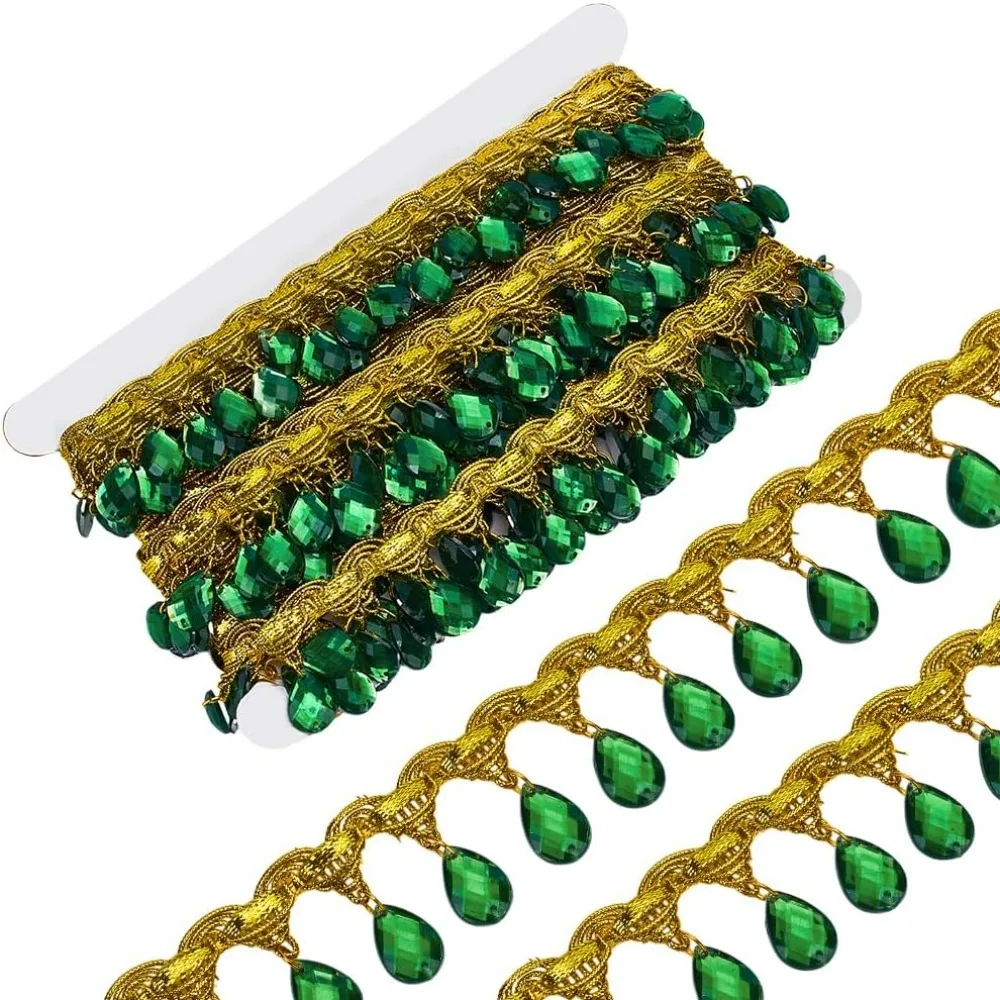 

10-ярдовые подвесные бусины, кружевная бахрома шириной 1,5 дюйма, полиэстеровая швейная бахрома с кисточкой, золотая отделка с зеленой подвеской для шитья