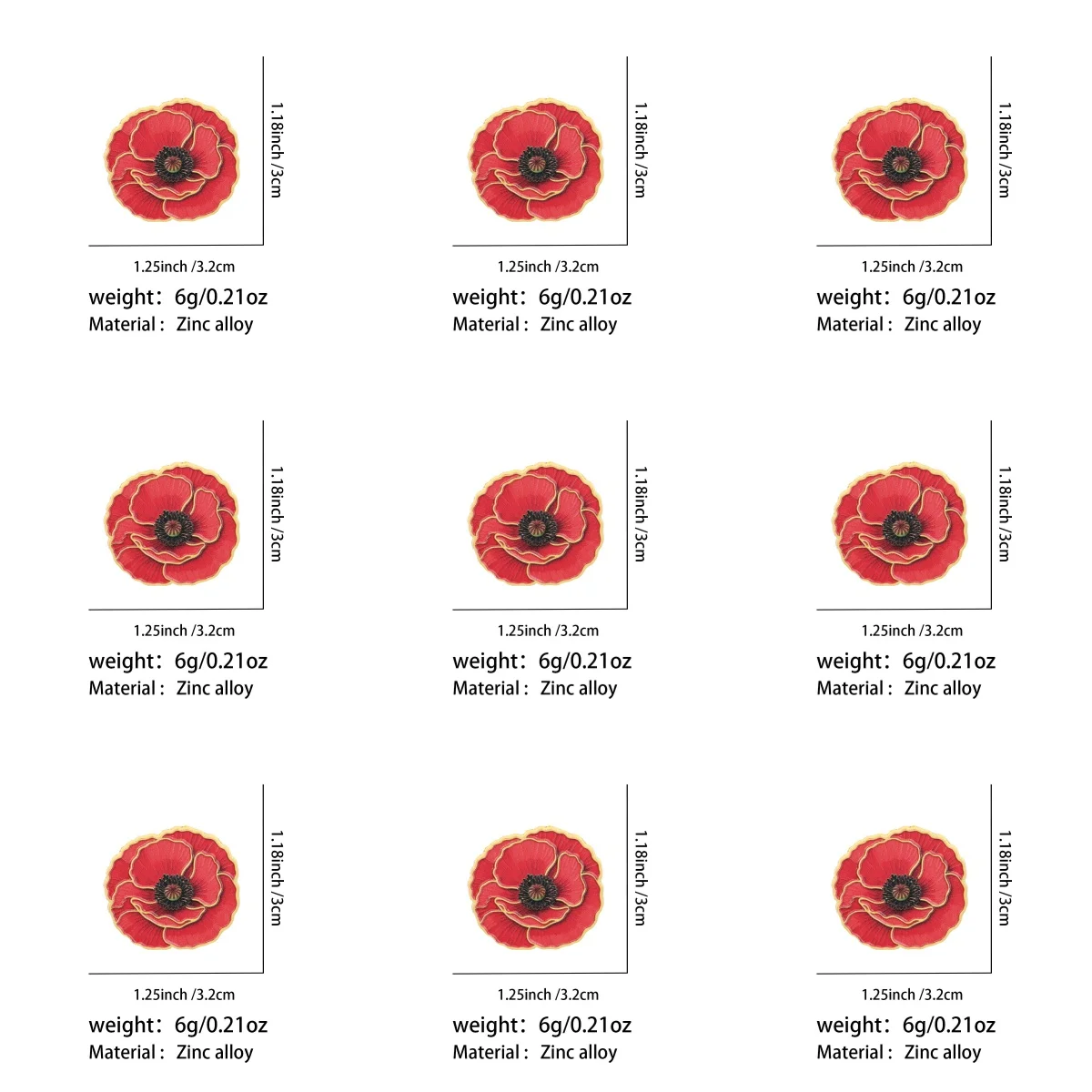 9 Stück rote Mohnblumen-Emaille-Anstecknadeln, Blumen-Reversnadel, niedliches Pflanzen-Abzeichen für Kleidung, Rucksack, Dekoration, Schmuck, Geschenk – Detail 1