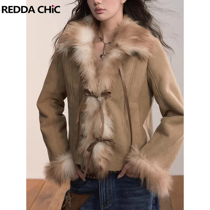 

Куртка REDDACHiC из замши с бантом спереди, зимняя, с длинными рукавами, воротником из искусственного меха, с необработанным краем, укороченная, в стиле вестерн-ретро, женская одежда