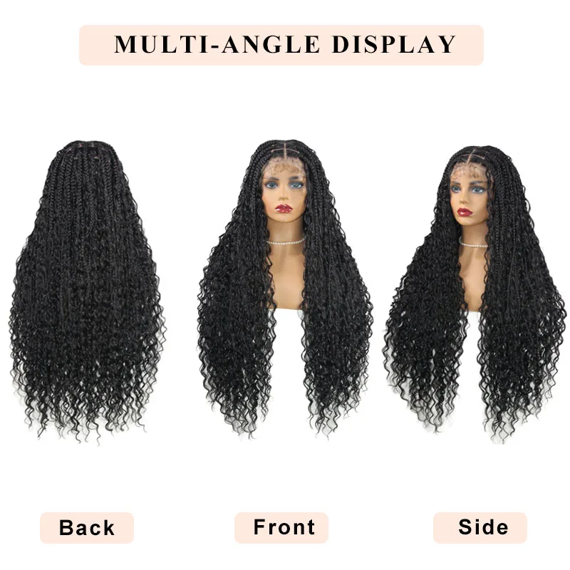 Full Lace Box Braid Perucas com cabelo de bebê, bordado Bohemian Braid Wig para mulher negra, Deusa Knotless Locs com cabelo encaracolado, 32"