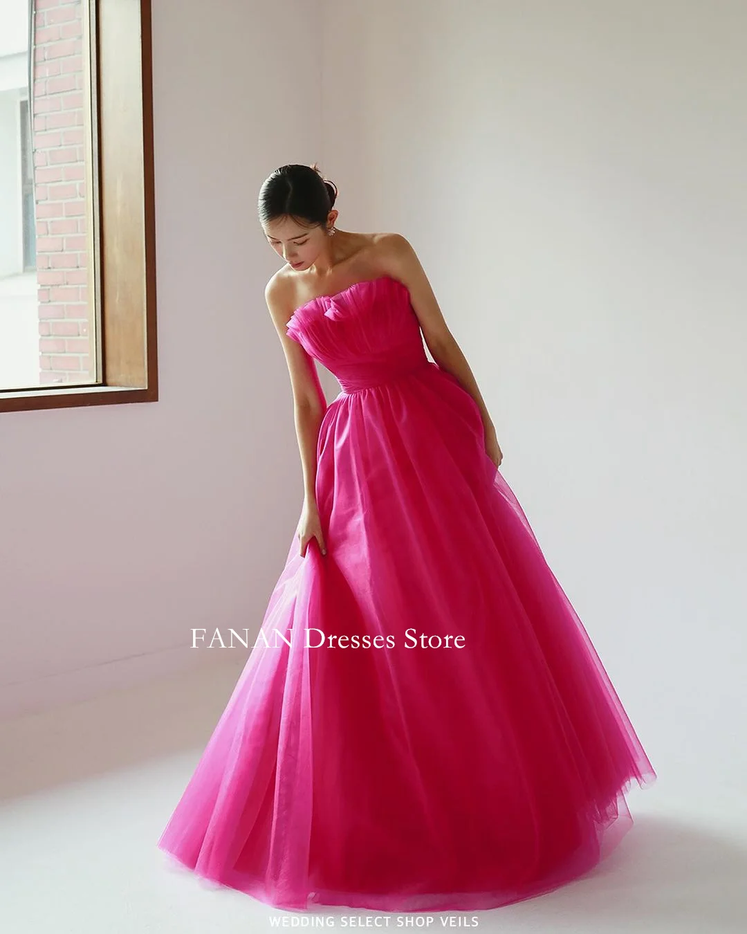 

FANAN Strapless Tulle Fuchsia Simple Evening Party Dresses Corset Korea Elegant Wedding Women Gowns Event Prom Gowns Customized