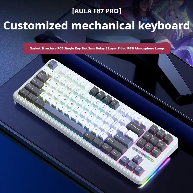 Aula F87pro Wireless Three Mode Hot Swap Customized Mechanical Keyboard Rgb Gasket Laptop Game E-Sports Pbt Keycup Keyboard Gift