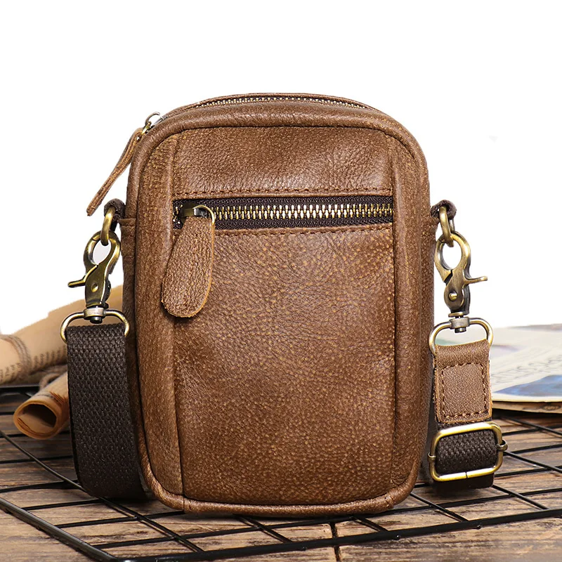 New Retro Men\'s Genuine Leather Shoulder Bag, Rough Frosted Leather Crossbody Shell Bag, Multifunctional Small Waist Phone Bag