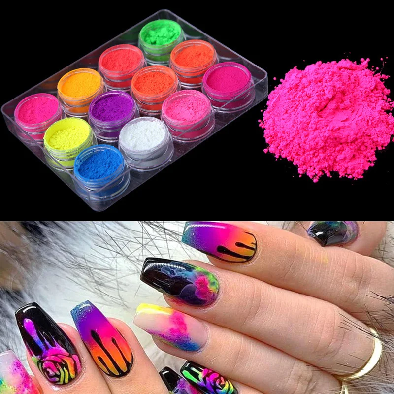 12 Pots Neon Manicure Nail Art Powder Pigment Dust  powder 12pcs Fluorenscence Spangle Nail Glitter Make Up sparkle Chrome Dust