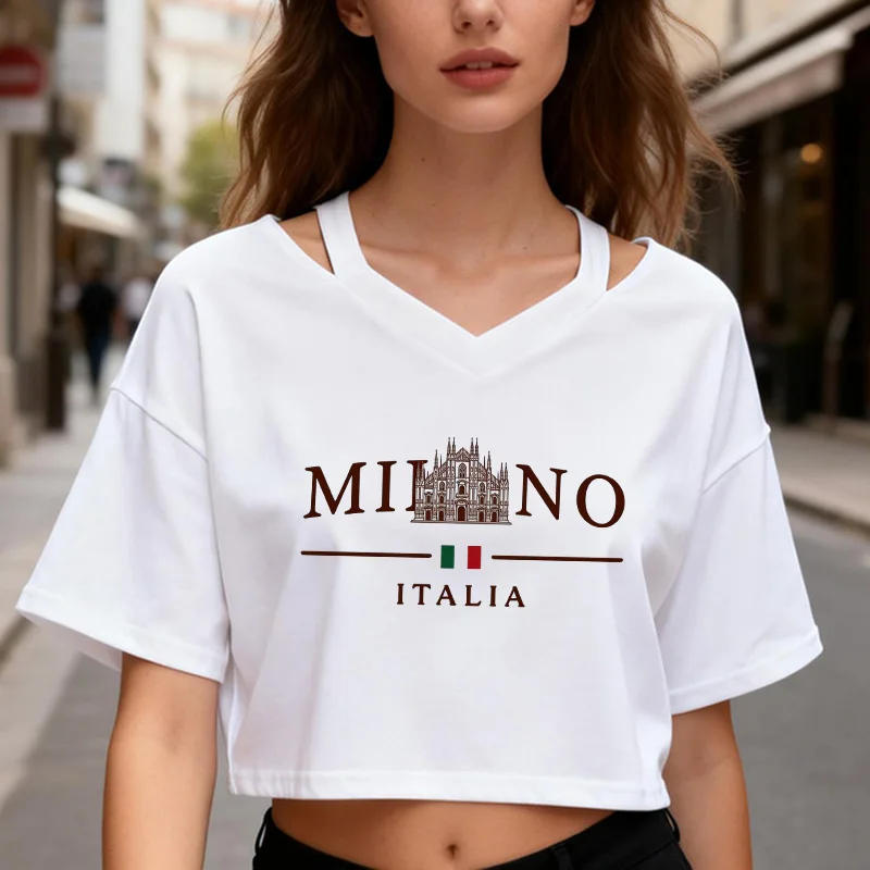 Fashion Vintage Cropped T-Shirt with Milano Italia Letter Print Y2K V-Neck Short Sleeve Crop Tops Women's Sexy Tshirt Clothes