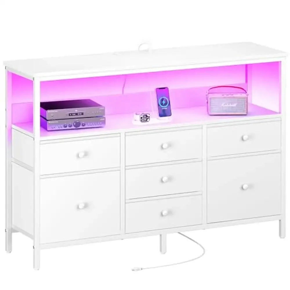 

Dresser TV Stand Bedroom LED Light 7 Fabric Drawers Storage Power Outlets Rustic Display Furniture Hallway Entertainment Center