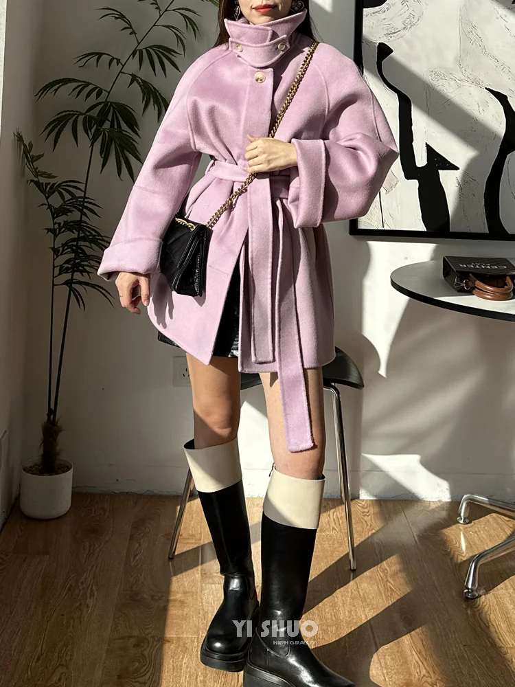 RosEvans Coat Women Winter Jacket Taro Purple Double Sided Wool Cashmere Coat Short Standing Neck Lace Up Wool Coat Women 2023