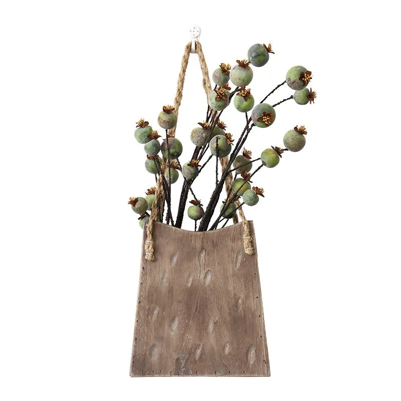 

Lanyard old wood wall hanging bag vase, creative B & B wabi sandy wind retro solid wood wall hanging, landscaping decorations
