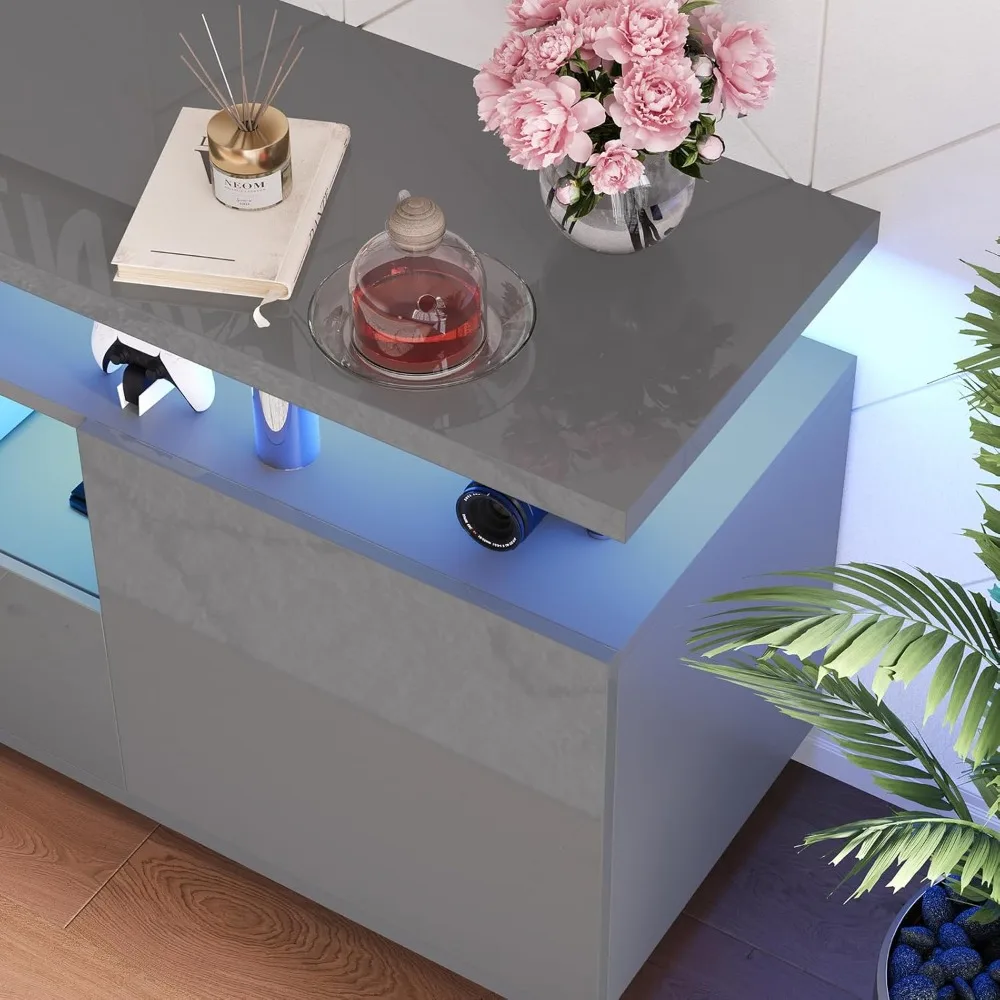 حامل تلفزيون 70 بوصة مع ضوء LED، مركز ترفيه حديث عالي اللمعان مع أرفف تخزين مفتوحة ودرج لأجهزة التلفاز حتى 80 بوصة #6