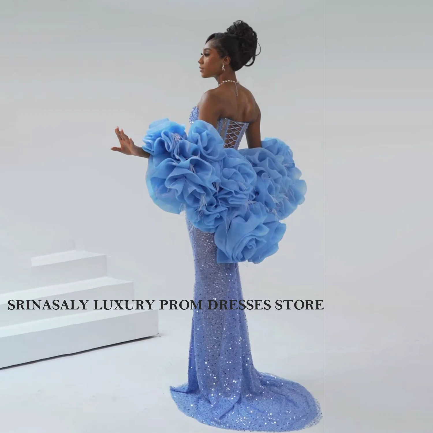 فستان أنيق بحورية البحر للحفلات الراقصة مخصص من Aso Ebi بأكمام مكشكشة رداء De Soiree بدون أكتاف كريستال للحفلات المسائية