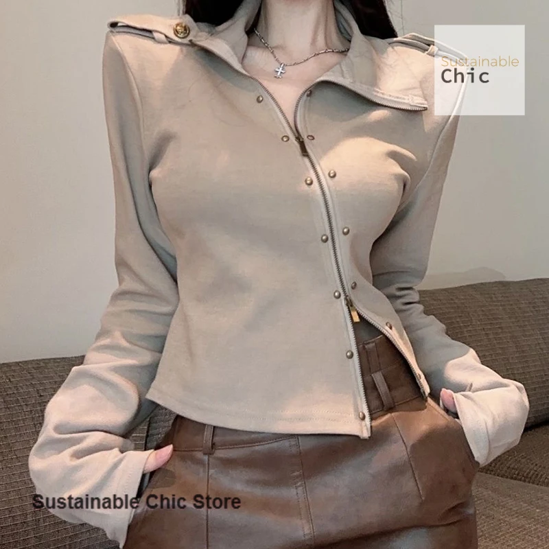 سترة صوفية قصيرة مزدوجة بتصميم أمريكي بأكمام طويلة وسحاب سترة نسائية للخريف والشتاء بنصف رقبة عالية #3