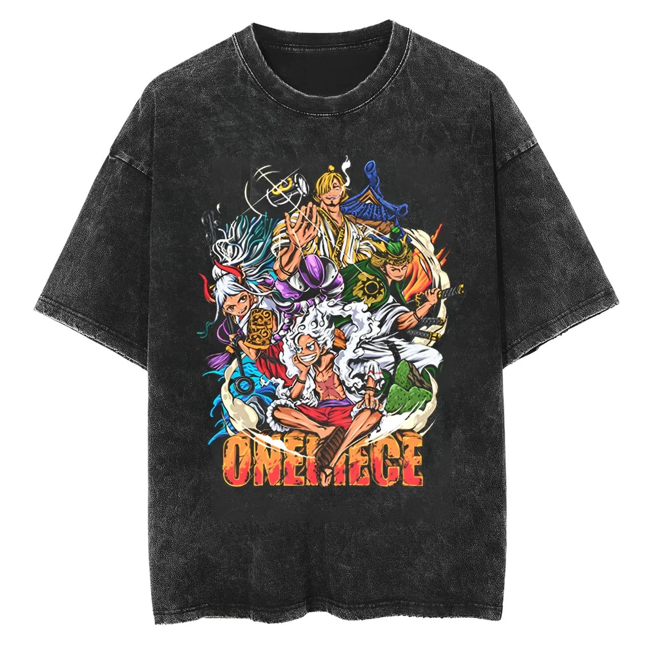 

one piece wano arc luffy gear 5 yamato zoro sanji vintage washed cotton t shirt men women 2026 summer oversized streetwear