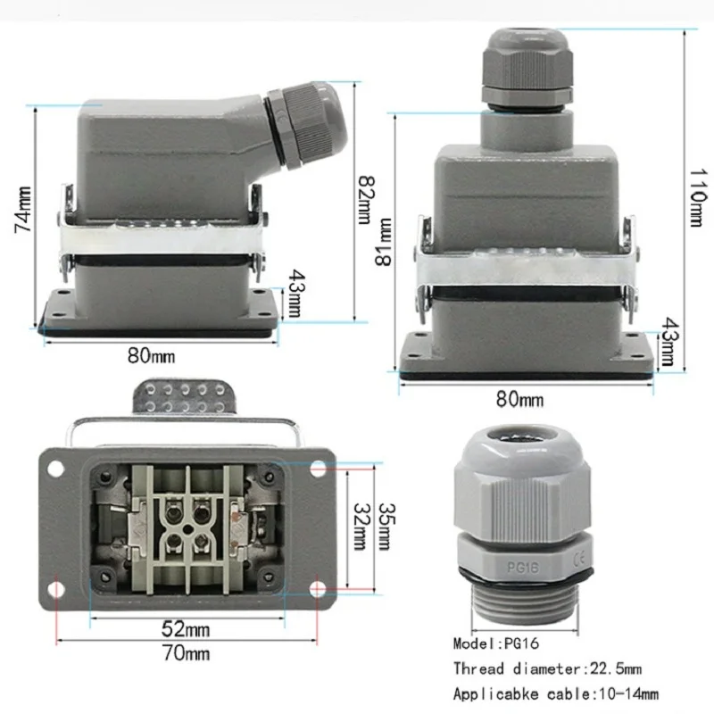 Rectangular Heavy Duty Connector HDC-HE4 6 10  16 24 Core Pin 16A Waterproof Aviation Plug  Top  And Side Line Connector