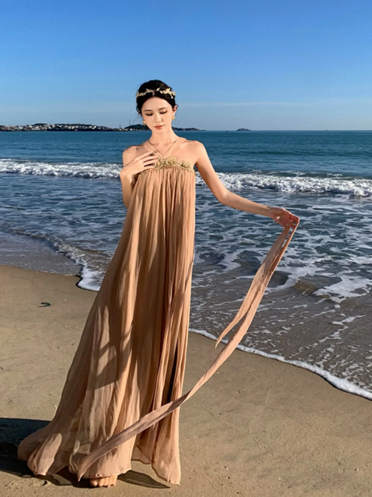 ボヘミアンシックなゆったりとしたロングビーチドレス、フェアリーTのようなスカート、夏のバケーションにぴったりのカジュアルで快適なポリエステルシフォンガウン