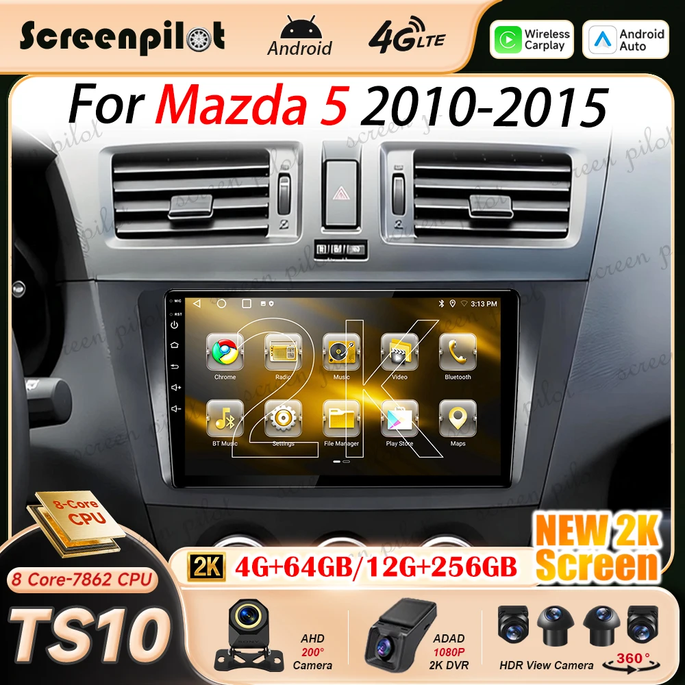 Android 16 Car Carplay Auto For Mazda 5 2010 2011 2012 2013 2014 2015 2K QLED Multimidia Player GPS Radio Stereo 8 Core CPU RDS