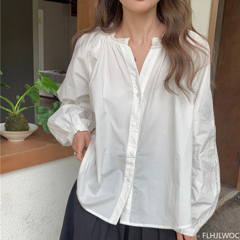 Schattige Zoete Katoenen Tops Blouses Korea Kleding Voor Vrouwen Herfst Gewaad Casual Losse Vrouwen Lange Mouw Single Breasted Shirts