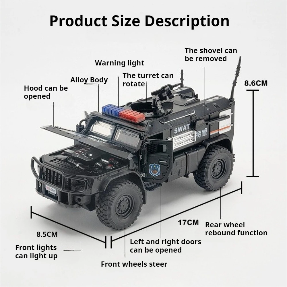 1:32 Legering Sabertooth Gepantserd Model Speelgoed Diecast Metalen Auto Trek Politieauto met Lichte Muziek Voertuig voor Peuter Kids Geschenken