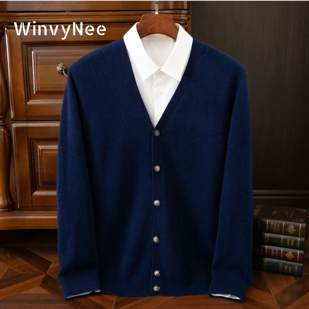 

WinvyNee Thick Wool Sweater Man's Clothing V Neck Solid Business Casual Long Sleeve Knitwear Top Cardigan Autumn Winter N1103020