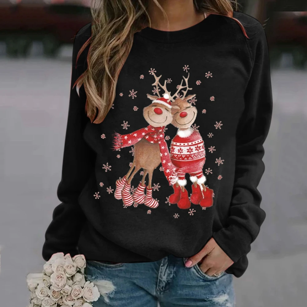 2023 New Christmas Hoodie  Women's Casual Long Sleeve T Shirts Ladies Print Autumn O-Neck Loose Party Femme Loungewear Tee Top