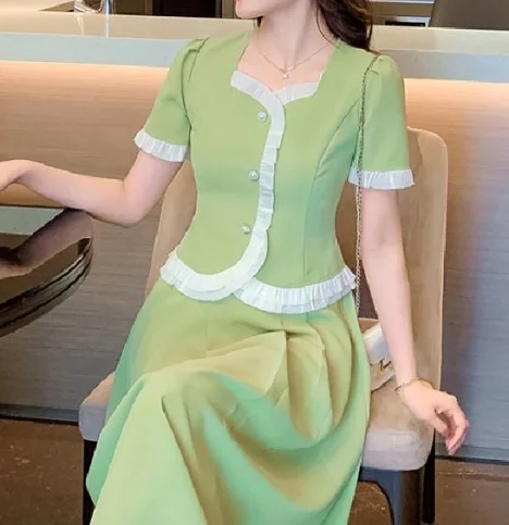 

French Casual Dress Summer Two Piece Female Black Desses Green Womens Formal Korean Simple Chic Long Length Fashion Dresses